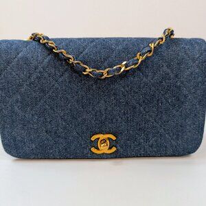 Chanel Vintage Classic Blue Denim Quilted Medium Full Flap Bag